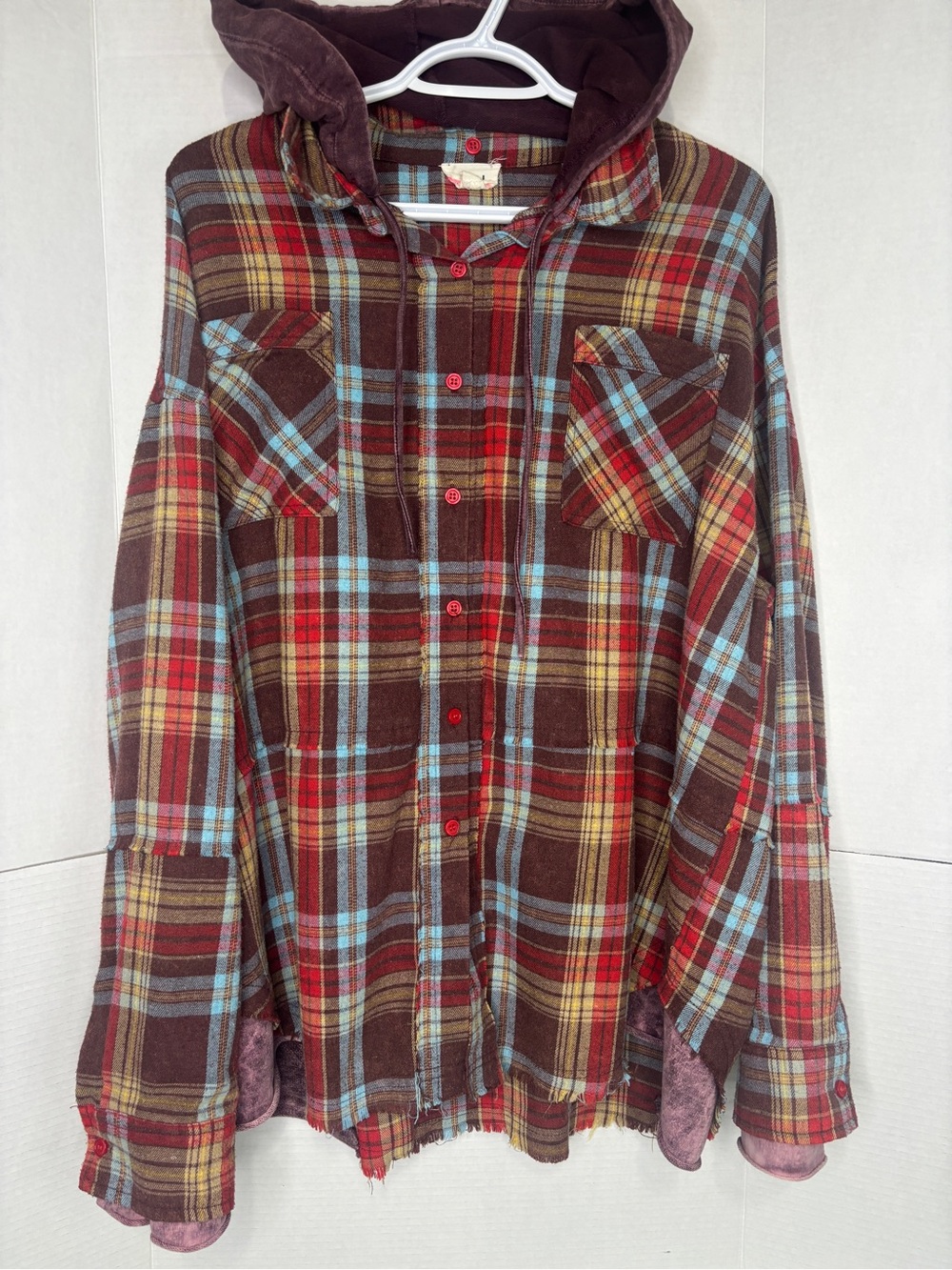 BiBi Brown Plaid Hooded Button-Down Shirt Detachable Hood Mock-Layered Shirt